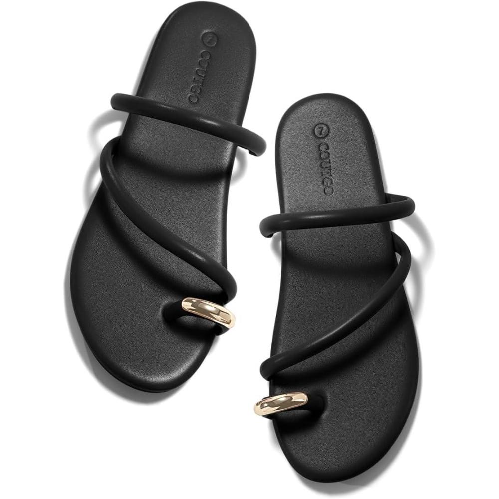 image:imageCoutgo Womens Strappy Flat Sandals Square Open Toe Flip Flops Slides Toe Ring Metal Summer Dress ShoesBlack