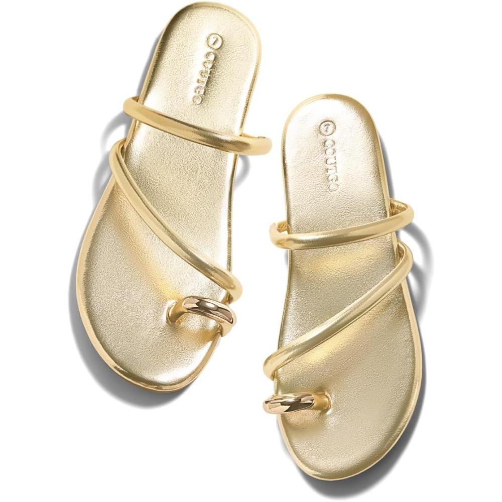 image:imageCoutgo Womens Strappy Flat Sandals Square Open Toe Flip Flops Slides Toe Ring Metal Summer Dress ShoesLight Gold