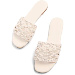 Coutgo Womens Flat Sandals Dressy Open Square Toe Slip On Slide Sandals Beach Vacation Shoes(Beige)