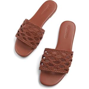 Coutgo Womens Flat Sandals Dressy Open Square Toe Slip On Slide Sandals Beach Vacation Shoes(Brown)