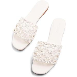 Coutgo Womens Flat Sandals Dressy Open Square Toe Slip On Slide Sandals Beach Vacation Shoes(White)