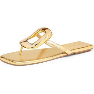 Coutgo Womens Flat Sandals Flip Flops Comfortable Slide Sandals Summer Beach Shoes with Metal Decoration(Gold)