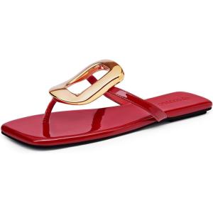Coutgo Womens Flat Sandals Flip Flops Comfortable Slide Sandals Summer Beach Shoes with Metal Decoration(Red)