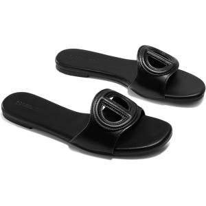 Coutgo Women’s Open Toe Leather Summer Slide Sandals(Black)