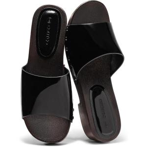 Coutgo Womens Platform Chunky Low Heels Sandals Open Toe Slides Slip On Summer Beach Shoes(Black)