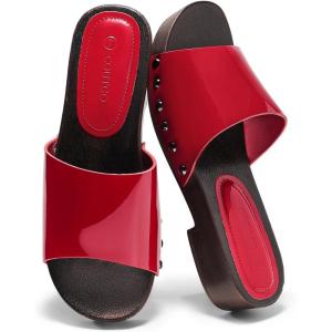 Coutgo Womens Platform Chunky Low Heels Sandals Open Toe Slides Slip On Summer Beach Shoes(Red)