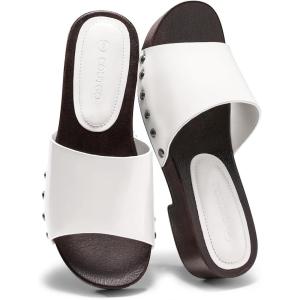 Coutgo Womens Platform Chunky Low Heels Sandals Open Toe Slides Slip On Summer Beach Shoes(White)