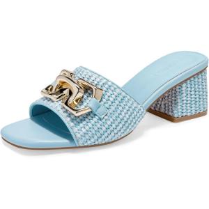 Coutgo Womens Raffia Slide Sandals Chunky Block Heeled Square Open Toe Metal Chain Slip on Mules Dressy Shoes(Sky Blue)