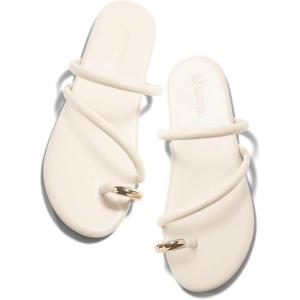 Coutgo Womens Strappy Flat Sandals Square Open Toe Flip Flops Slides Toe Ring Metal Summer Dress Shoes(Beige)