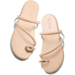 Coutgo Womens Strappy Flat Sandals Square Open Toe Flip Flops Slides Toe Ring Metal Summer Dress Shoes(Light Khaki)