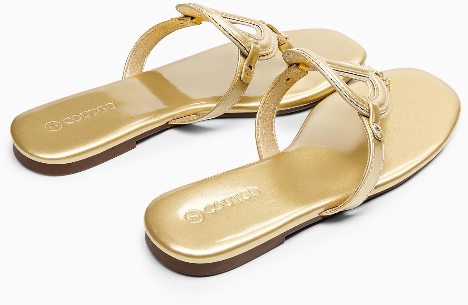 image:imageCoutgo Womens Flat Thong Sandals Square Open Toe Flip Flops Slip On Slides Dressy Summer Beach ShoesGold