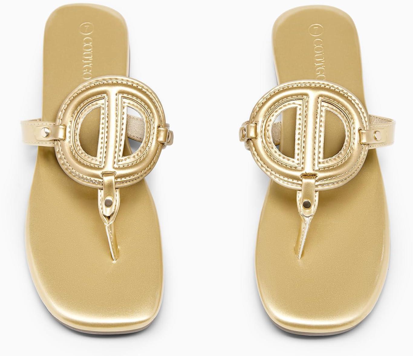 image:imageCoutgo Womens Flat Thong Sandals Square Open Toe Flip Flops Slip On Slides Dressy Summer Beach ShoesGold