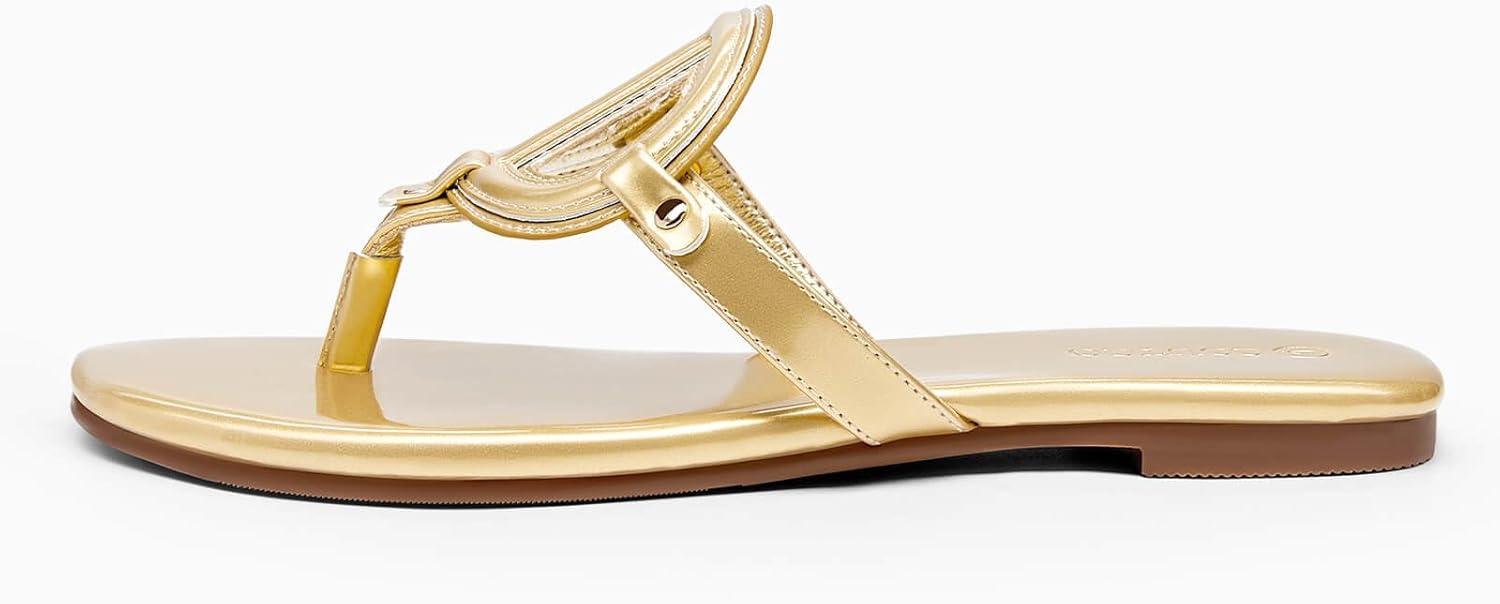 image:imageCoutgo Womens Flat Thong Sandals Square Open Toe Flip Flops Slip On Slides Dressy Summer Beach ShoesGold