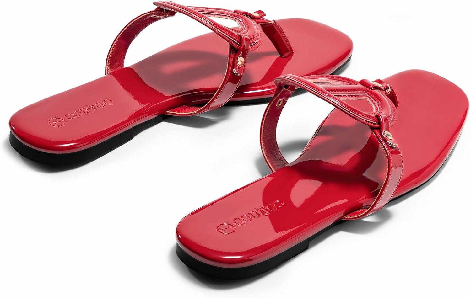 image:imageCoutgo Womens Flat Thong Sandals Square Open Toe Flip Flops Slip On Slides Dressy Summer Beach ShoesRed