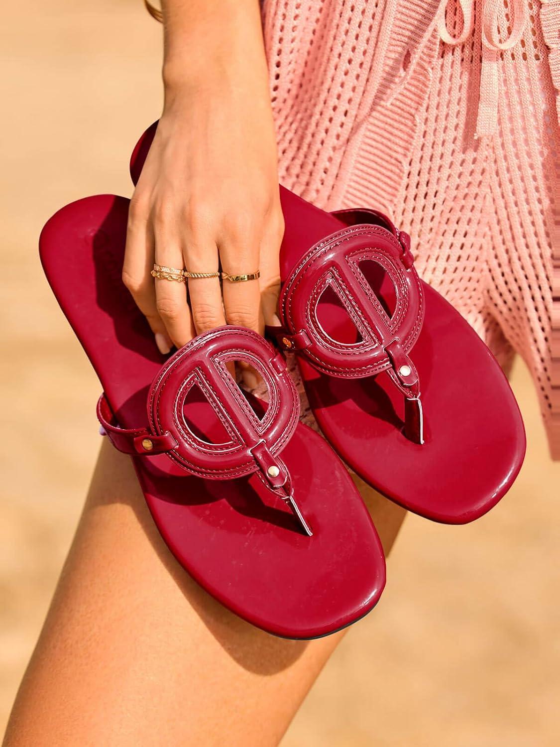 image:imageCoutgo Womens Flat Thong Sandals Square Open Toe Flip Flops Slip On Slides Dressy Summer Beach ShoesRed
