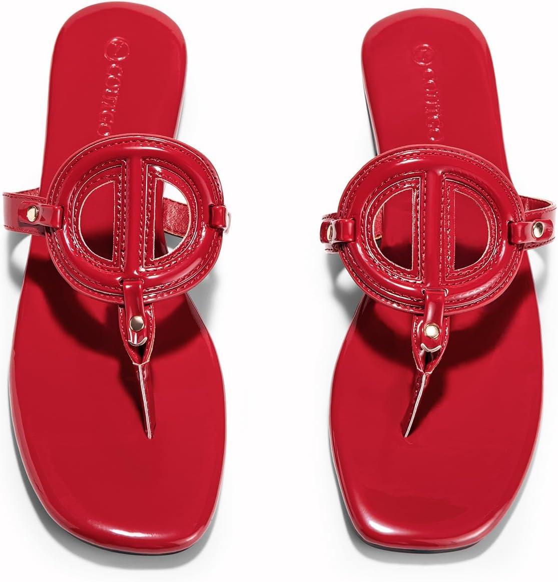 image:imageCoutgo Womens Flat Thong Sandals Square Open Toe Flip Flops Slip On Slides Dressy Summer Beach ShoesRed