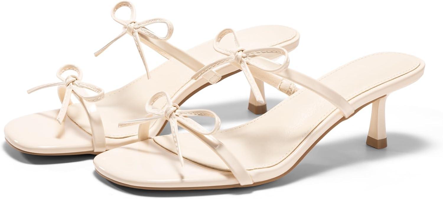 image:imageCoutgo Womens Kitten Heels Sandals Bow Square Open Toe Slides Two Strap Slip On Summer Dress ShoesBeige
