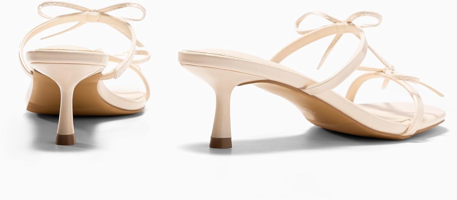 image:imageCoutgo Womens Kitten Heels Sandals Bow Square Open Toe Slides Two Strap Slip On Summer Dress ShoesBeige