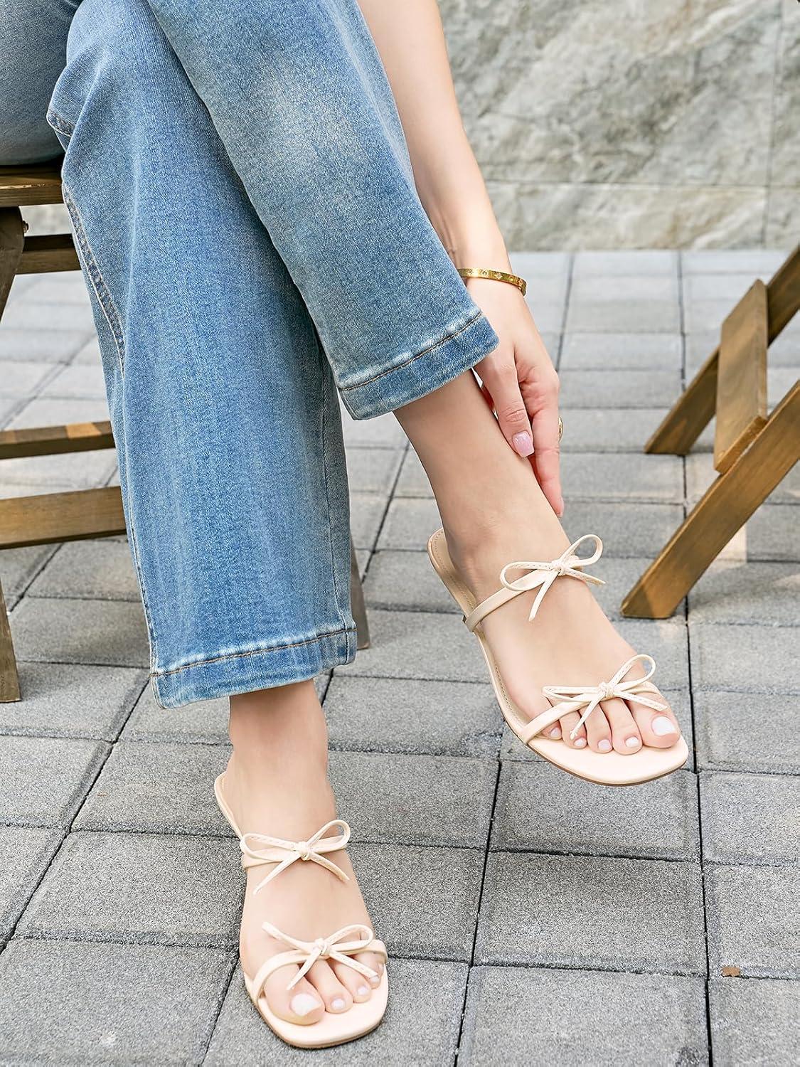 image:imageCoutgo Womens Kitten Heels Sandals Bow Square Open Toe Slides Two Strap Slip On Summer Dress ShoesBeige