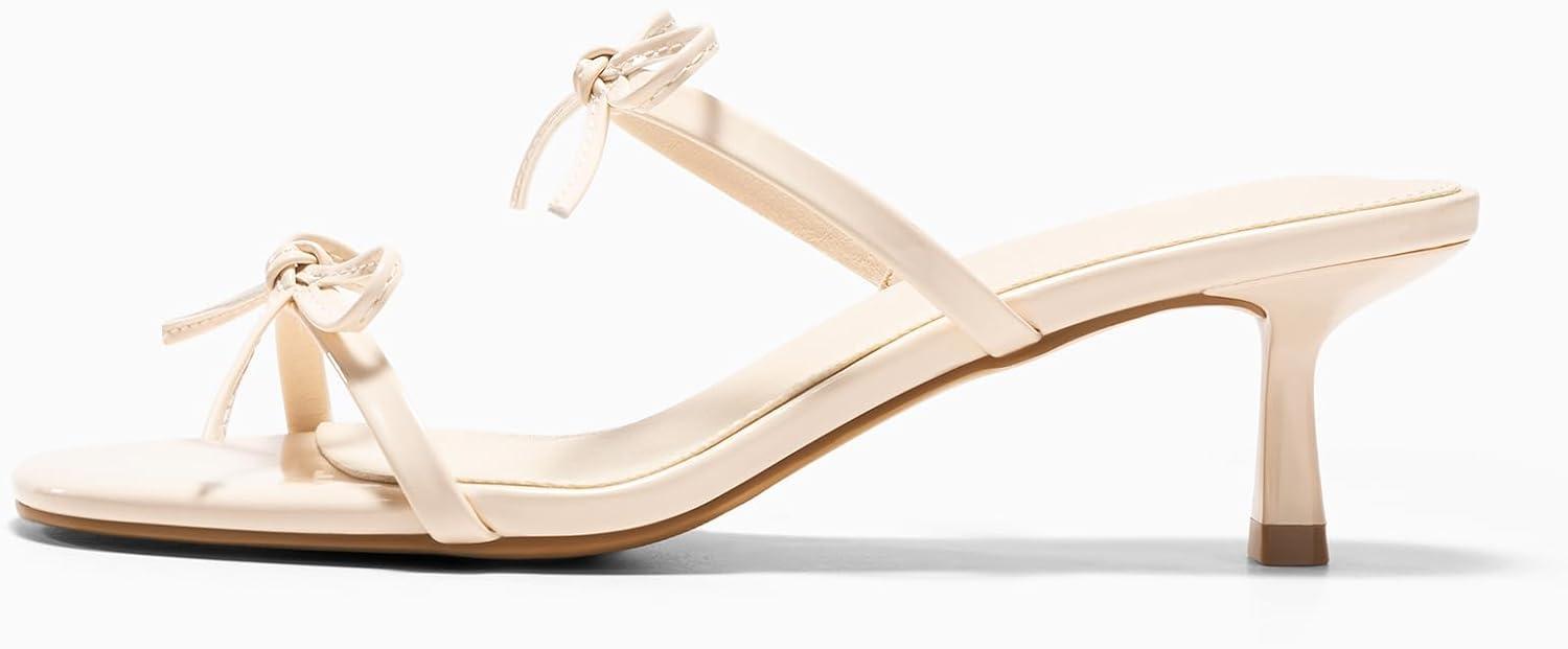 image:imageCoutgo Womens Kitten Heels Sandals Bow Square Open Toe Slides Two Strap Slip On Summer Dress ShoesBeige