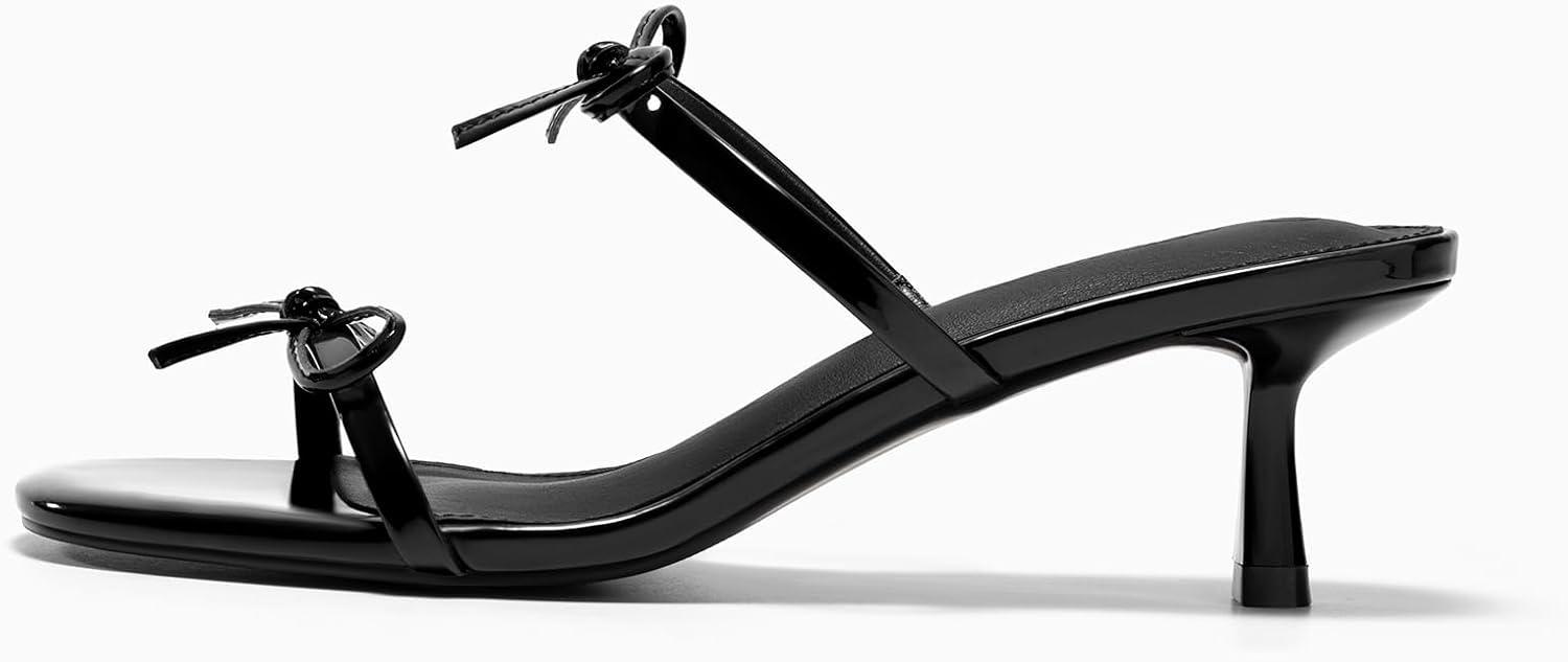 image:imageCoutgo Womens Kitten Heels Sandals Bow Square Open Toe Slides Two Strap Slip On Summer Dress ShoesBlack