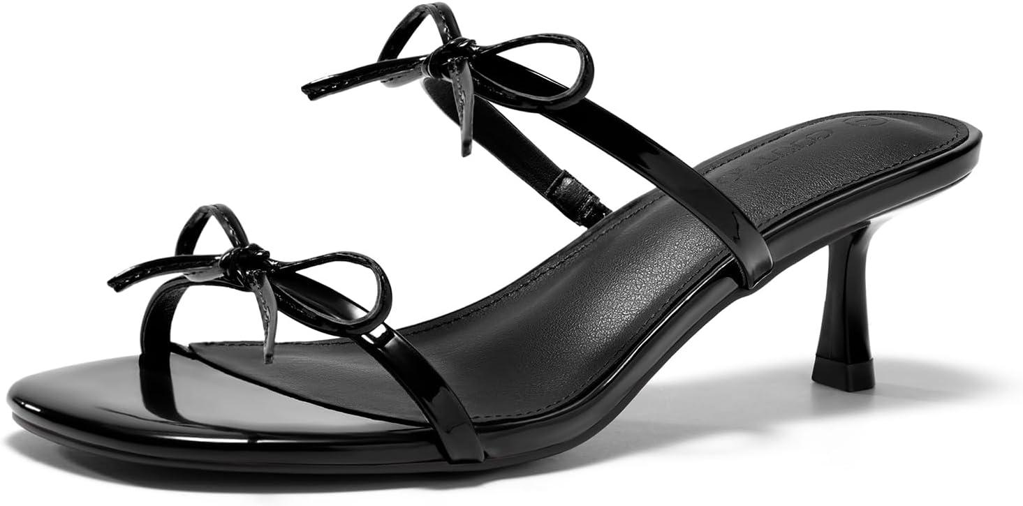 image:imageCoutgo Womens Kitten Heels Sandals Bow Square Open Toe Slides Two Strap Slip On Summer Dress ShoesBlack