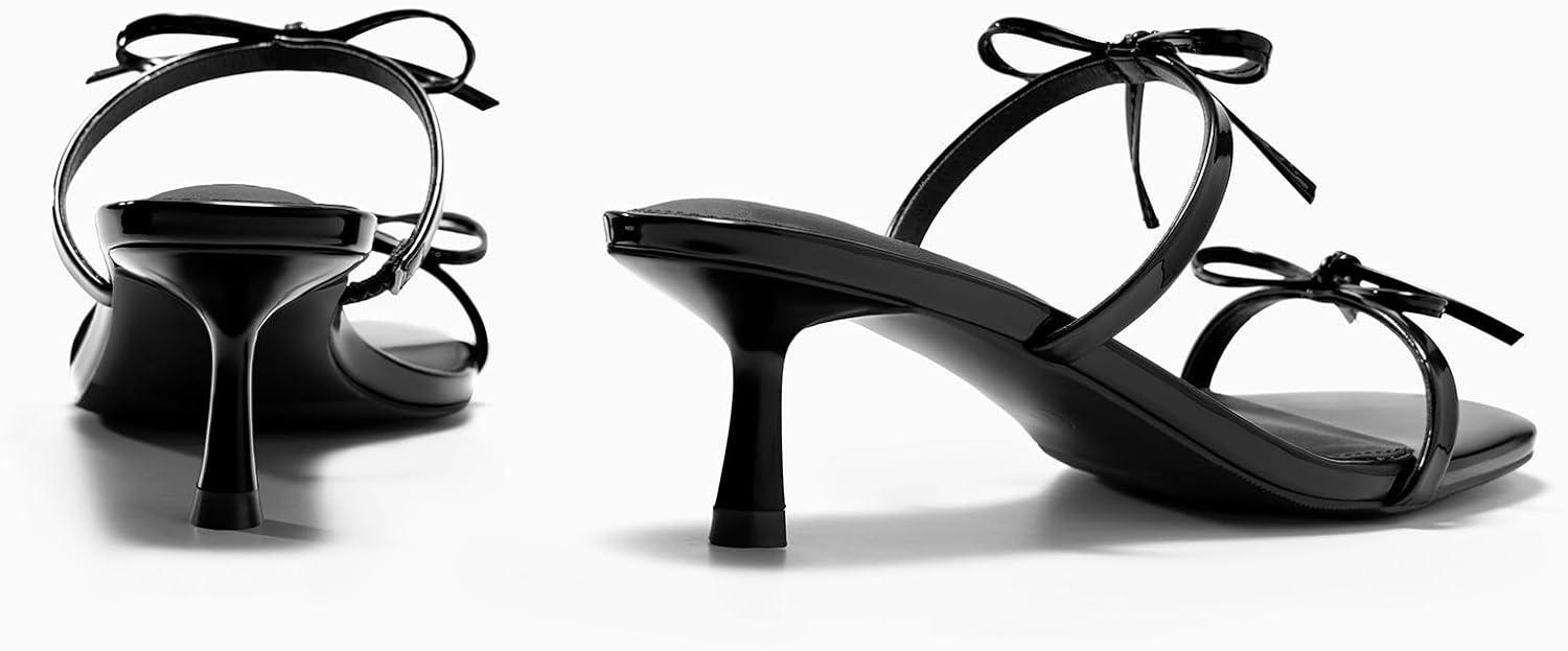 image:imageCoutgo Womens Kitten Heels Sandals Bow Square Open Toe Slides Two Strap Slip On Summer Dress ShoesBlack