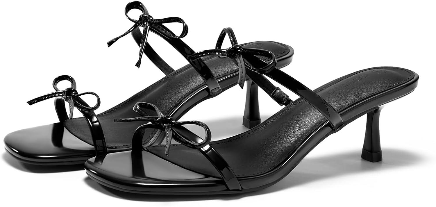 image:imageCoutgo Womens Kitten Heels Sandals Bow Square Open Toe Slides Two Strap Slip On Summer Dress ShoesBlack