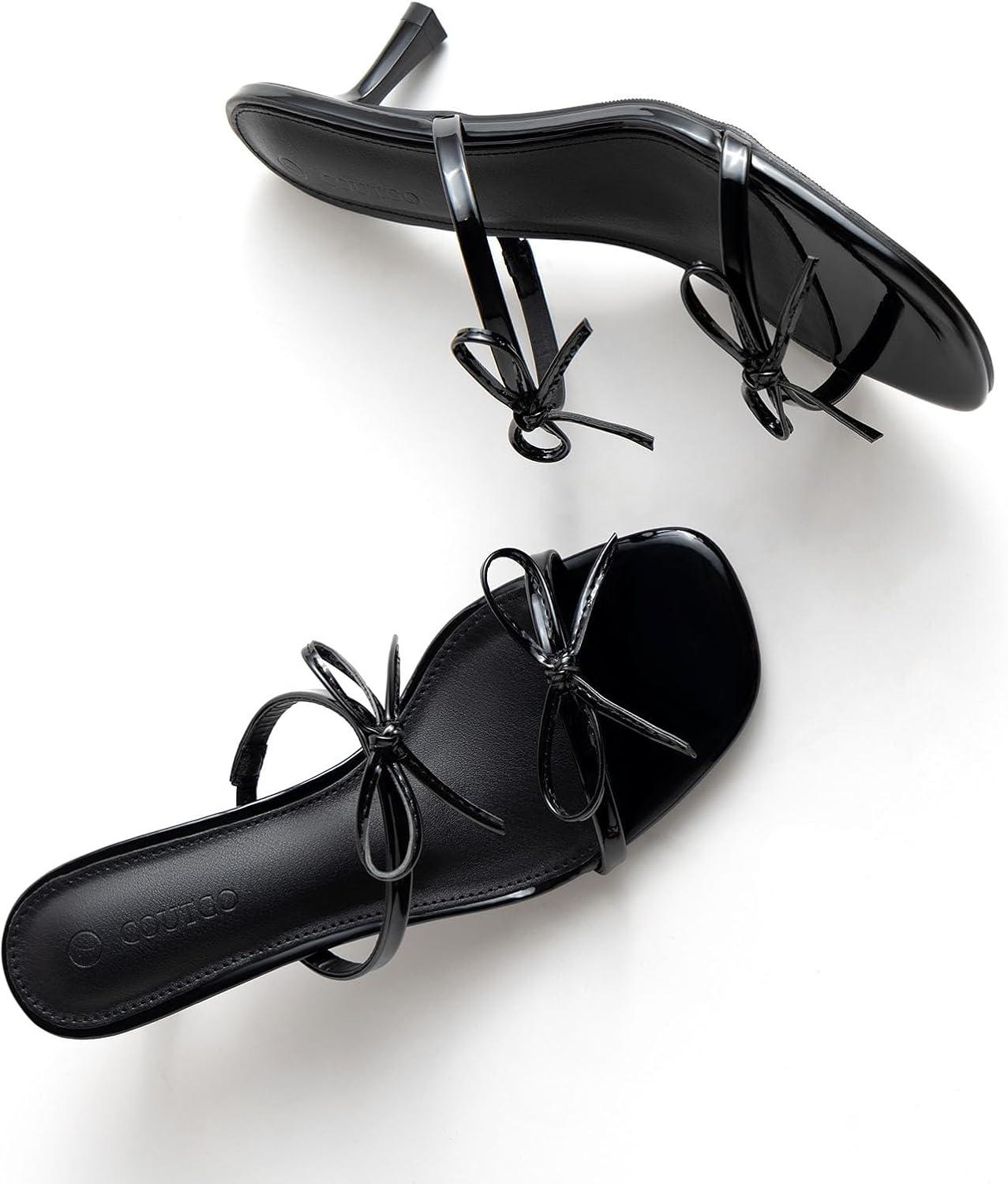 image:imageCoutgo Womens Kitten Heels Sandals Bow Square Open Toe Slides Two Strap Slip On Summer Dress ShoesBlack