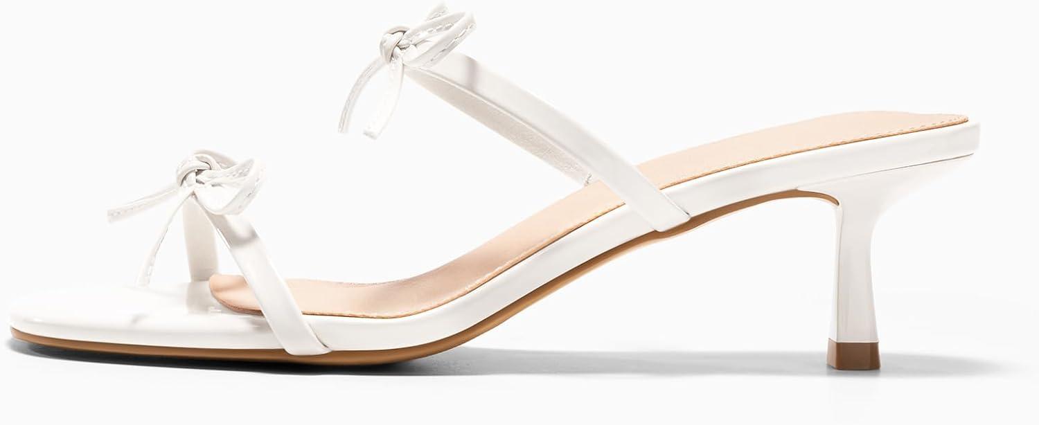 image:imageCoutgo Womens Kitten Heels Sandals Bow Square Open Toe Slides Two Strap Slip On Summer Dress ShoesWhite