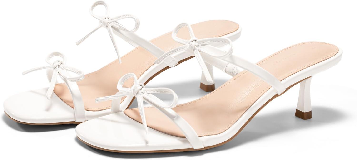 image:imageCoutgo Womens Kitten Heels Sandals Bow Square Open Toe Slides Two Strap Slip On Summer Dress ShoesWhite