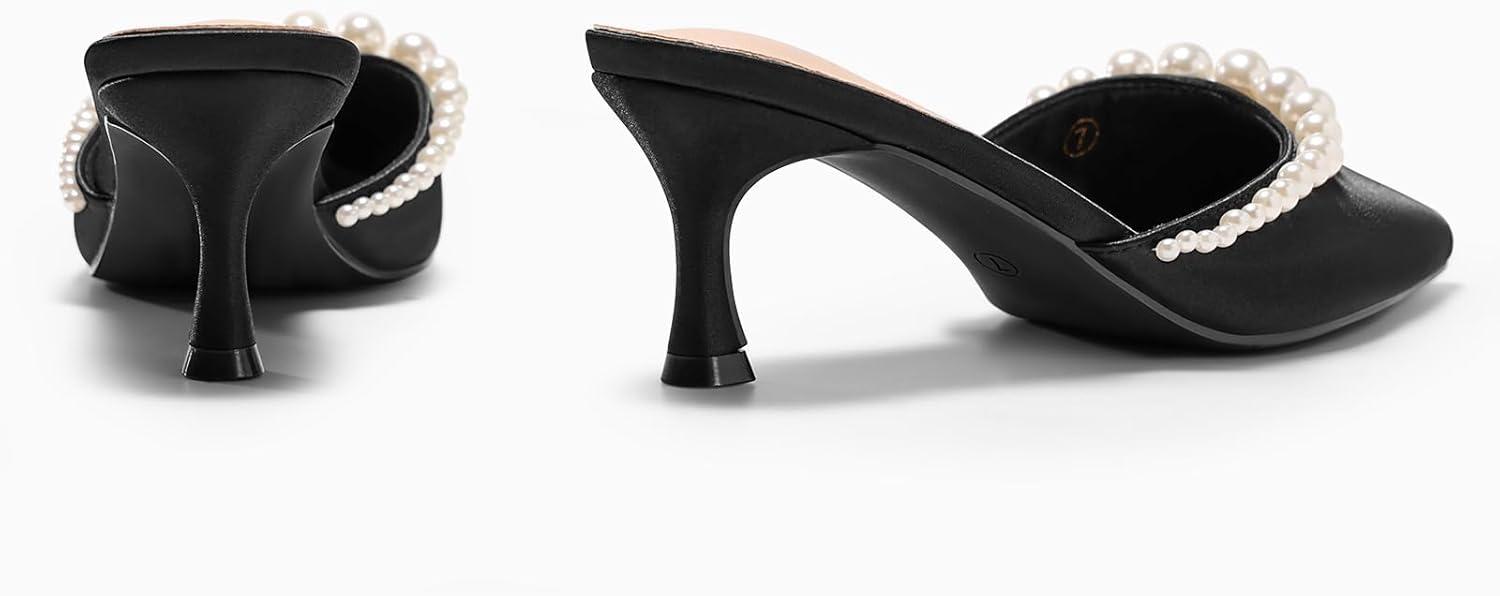 image:imageCoutgo Womens Pearl Kitten Heels Mules Closed Pointed Toe Slip On Satin Pumps Wedding Bride Dress ShoesBlack