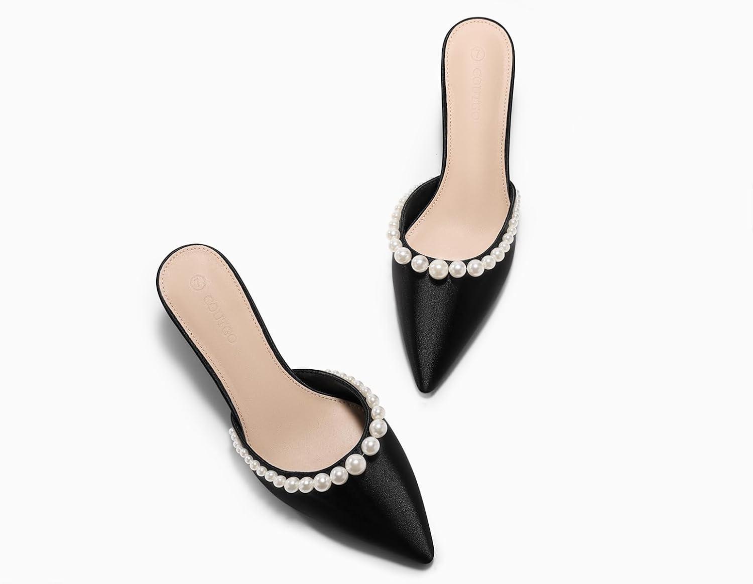 image:imageCoutgo Womens Pearl Kitten Heels Mules Closed Pointed Toe Slip On Satin Pumps Wedding Bride Dress ShoesBlack
