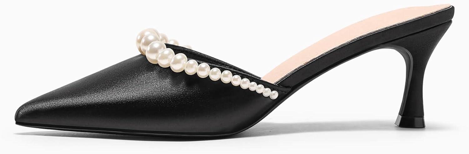 image:imageCoutgo Womens Pearl Kitten Heels Mules Closed Pointed Toe Slip On Satin Pumps Wedding Bride Dress ShoesBlack