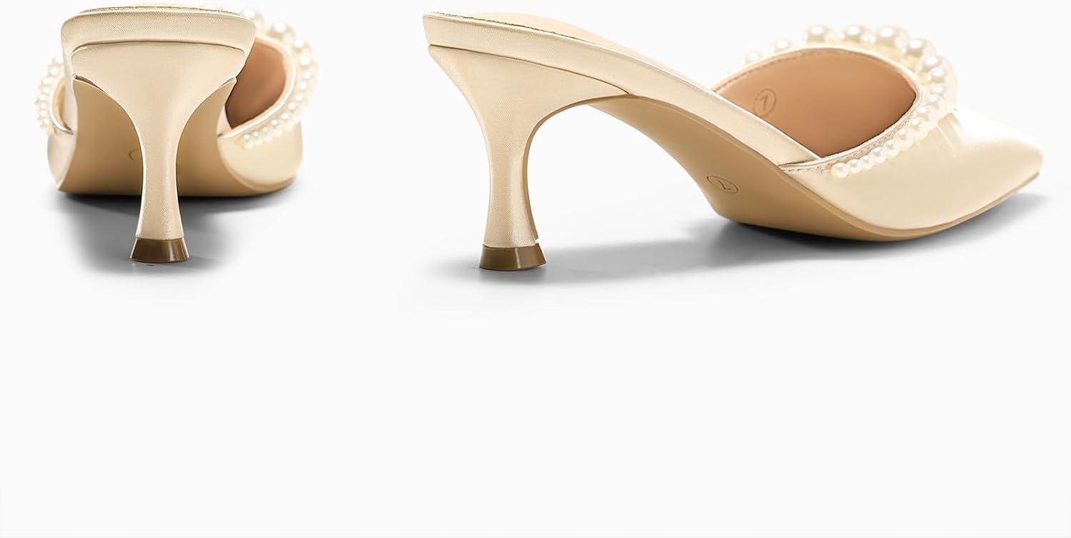 image:imageCoutgo Womens Pearl Kitten Heels Mules Closed Pointed Toe Slip On Satin Pumps Wedding Bride Dress ShoesChampagne Gold