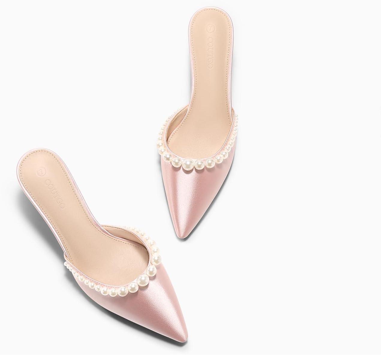 image:imageCoutgo Womens Pearl Kitten Heels Mules Closed Pointed Toe Slip On Satin Pumps Wedding Bride Dress ShoesPink