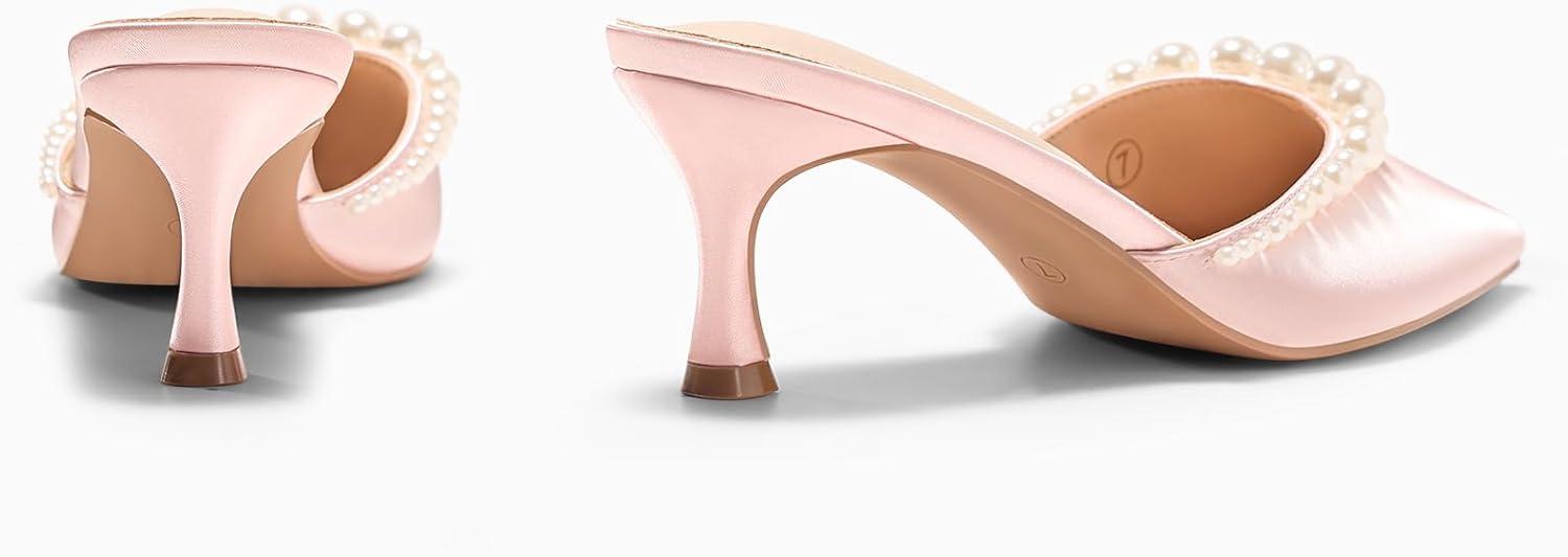 image:imageCoutgo Womens Pearl Kitten Heels Mules Closed Pointed Toe Slip On Satin Pumps Wedding Bride Dress ShoesPink
