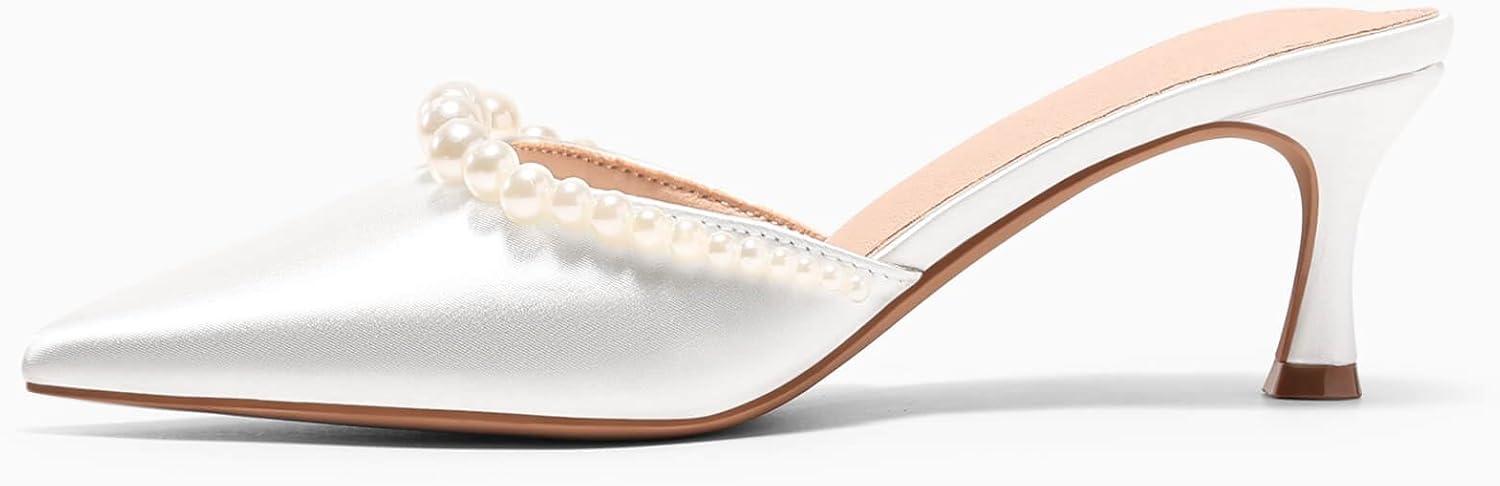 image:imageCoutgo Womens Pearl Kitten Heels Mules Closed Pointed Toe Slip On Satin Pumps Wedding Bride Dress ShoesWhite