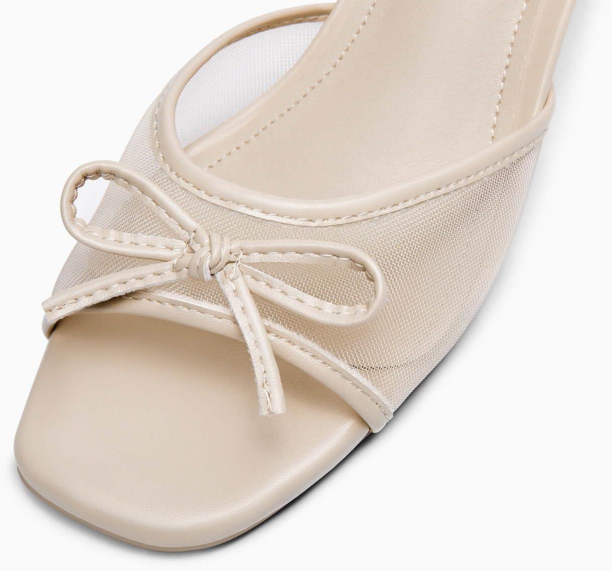 image:imageCoutgo Womens Square Open Toe Heels Mules Bow Stiletto Heel Backless Slip On Slides Sandals Nude Size 6