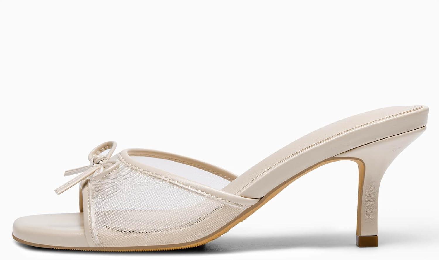 image:imageCoutgo Womens Square Open Toe Heels Mules Bow Stiletto Heel Backless Slip On Slides Sandals Nude Size 65