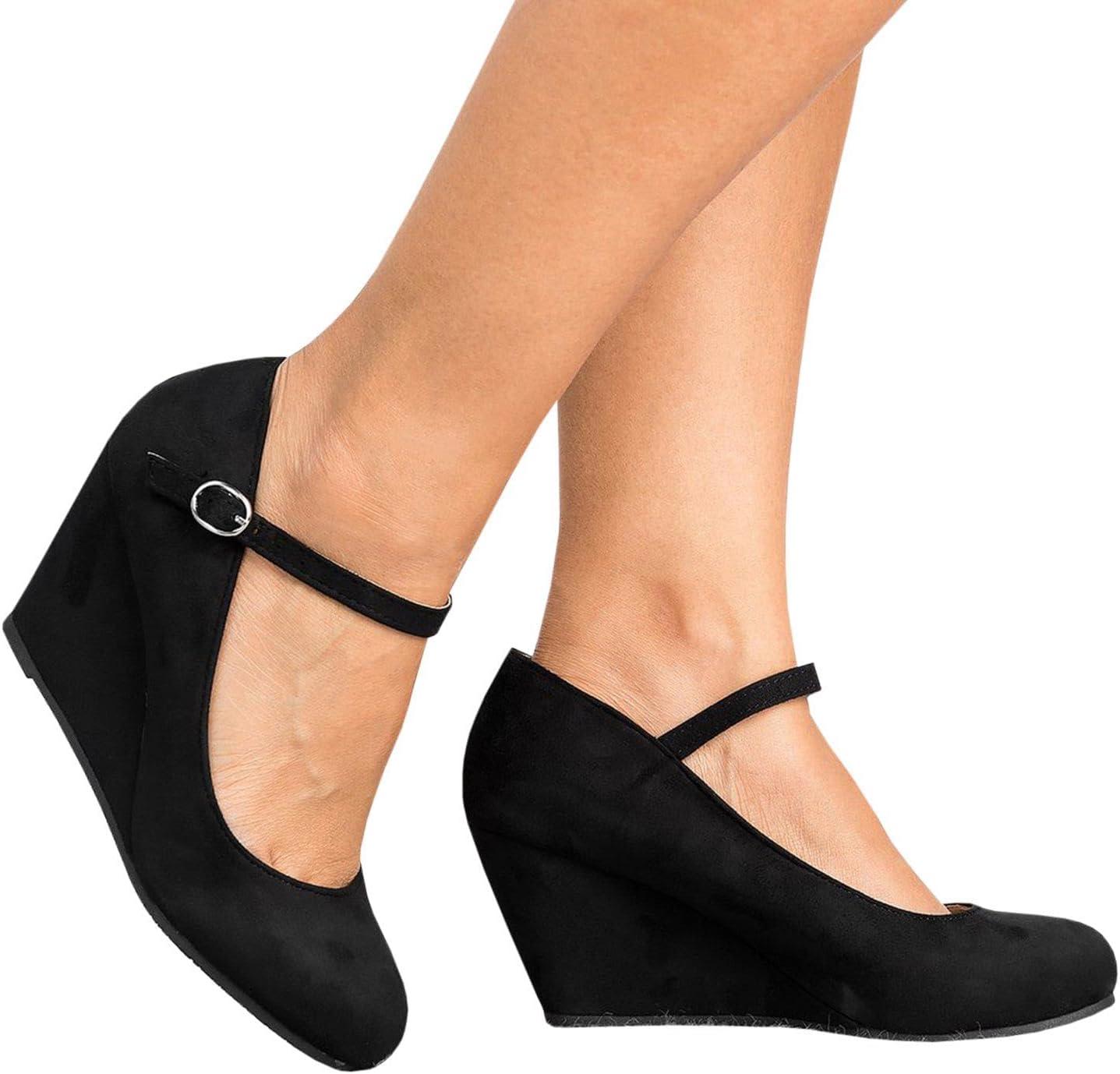 image:imageCoutgo Womens Wedge Pumps Dressy Mary Jane Shoes Comfort Wedges Closed Toe Ankle Strap Heeled ShoesBlack