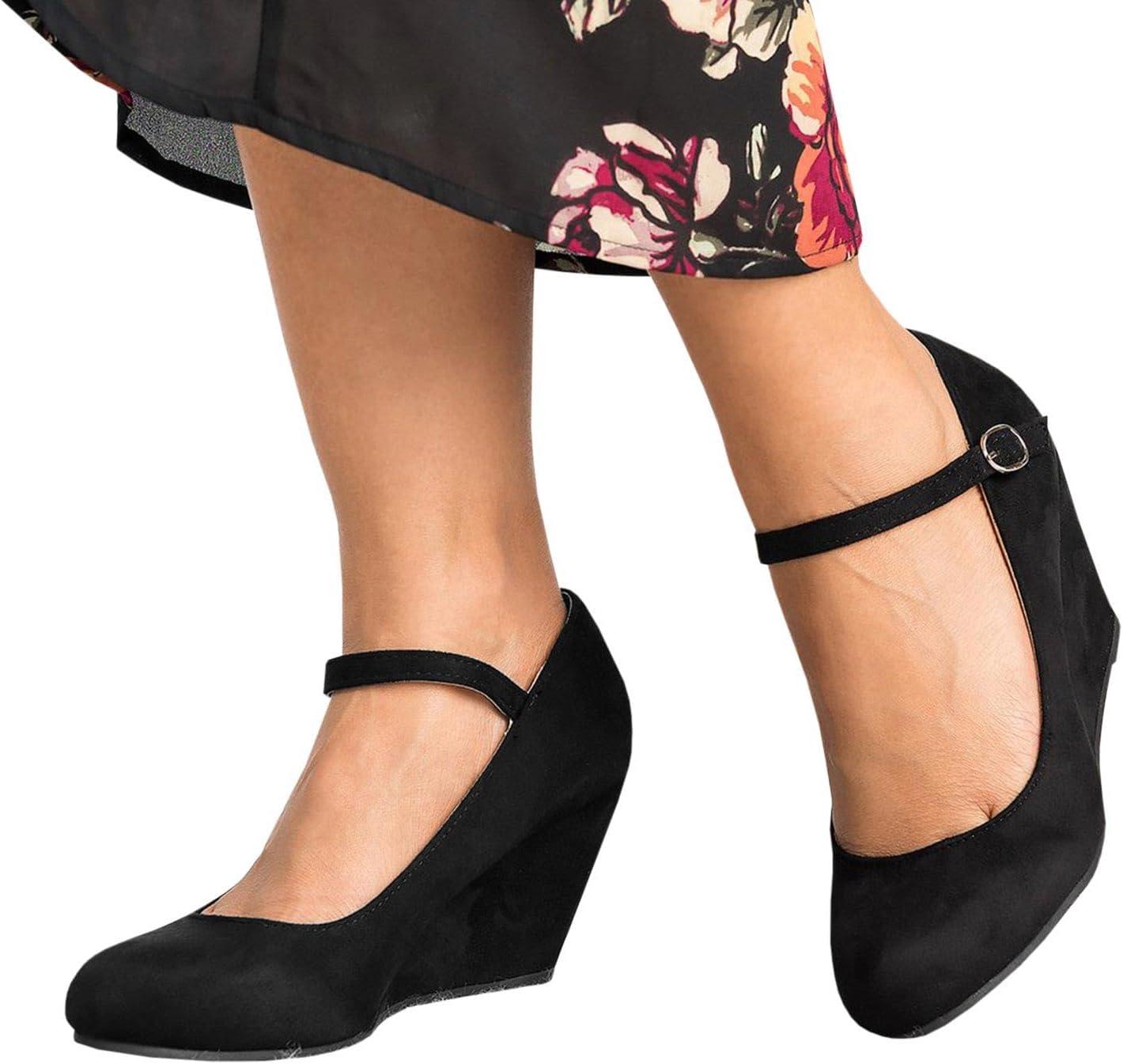 image:imageCoutgo Womens Wedge Pumps Dressy Mary Jane Shoes Comfort Wedges Closed Toe Ankle Strap Heeled ShoesBlack