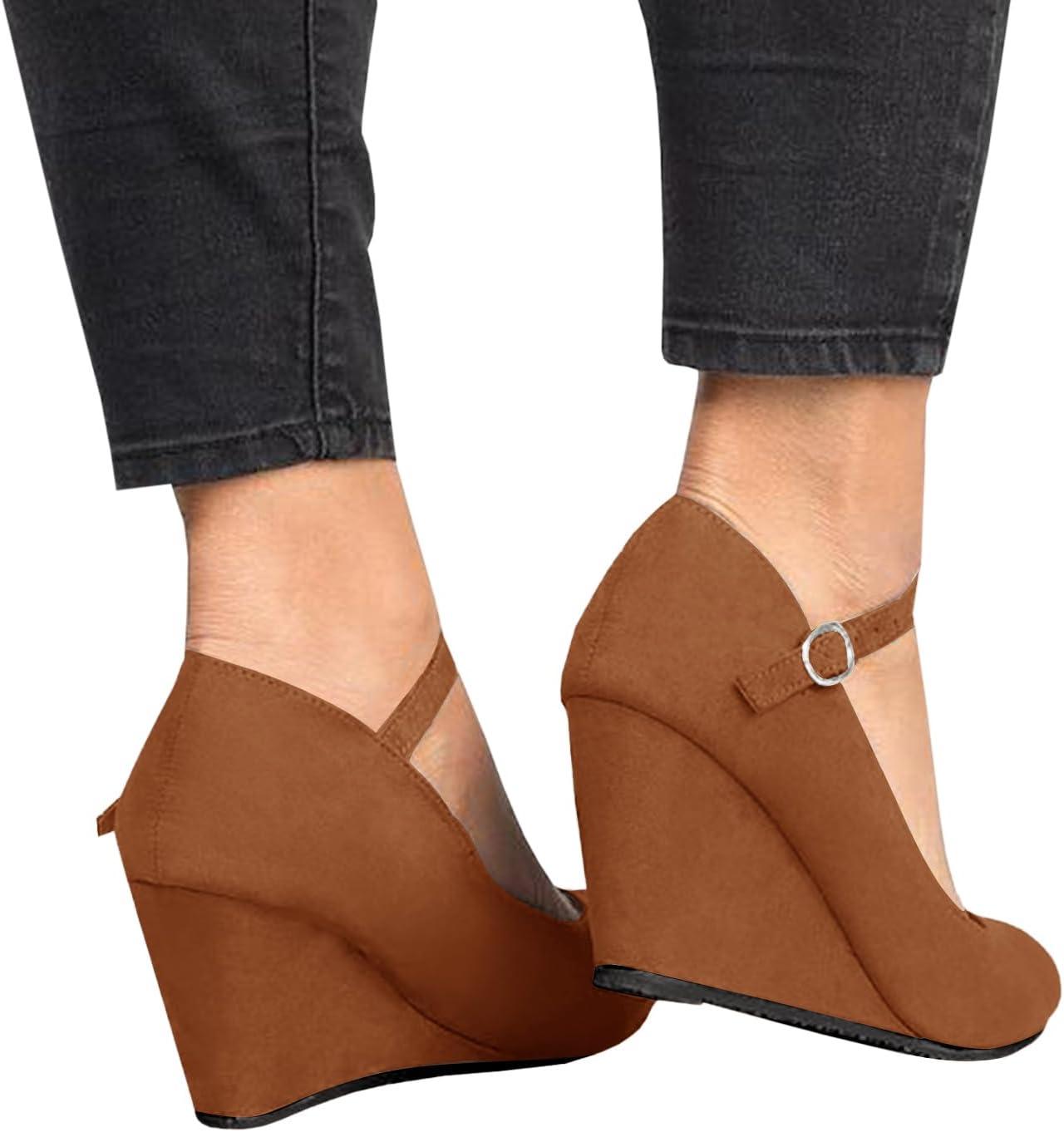 image:imageCoutgo Womens Wedge Pumps Dressy Mary Jane Shoes Comfort Wedges Closed Toe Ankle Strap Heeled ShoesBrown
