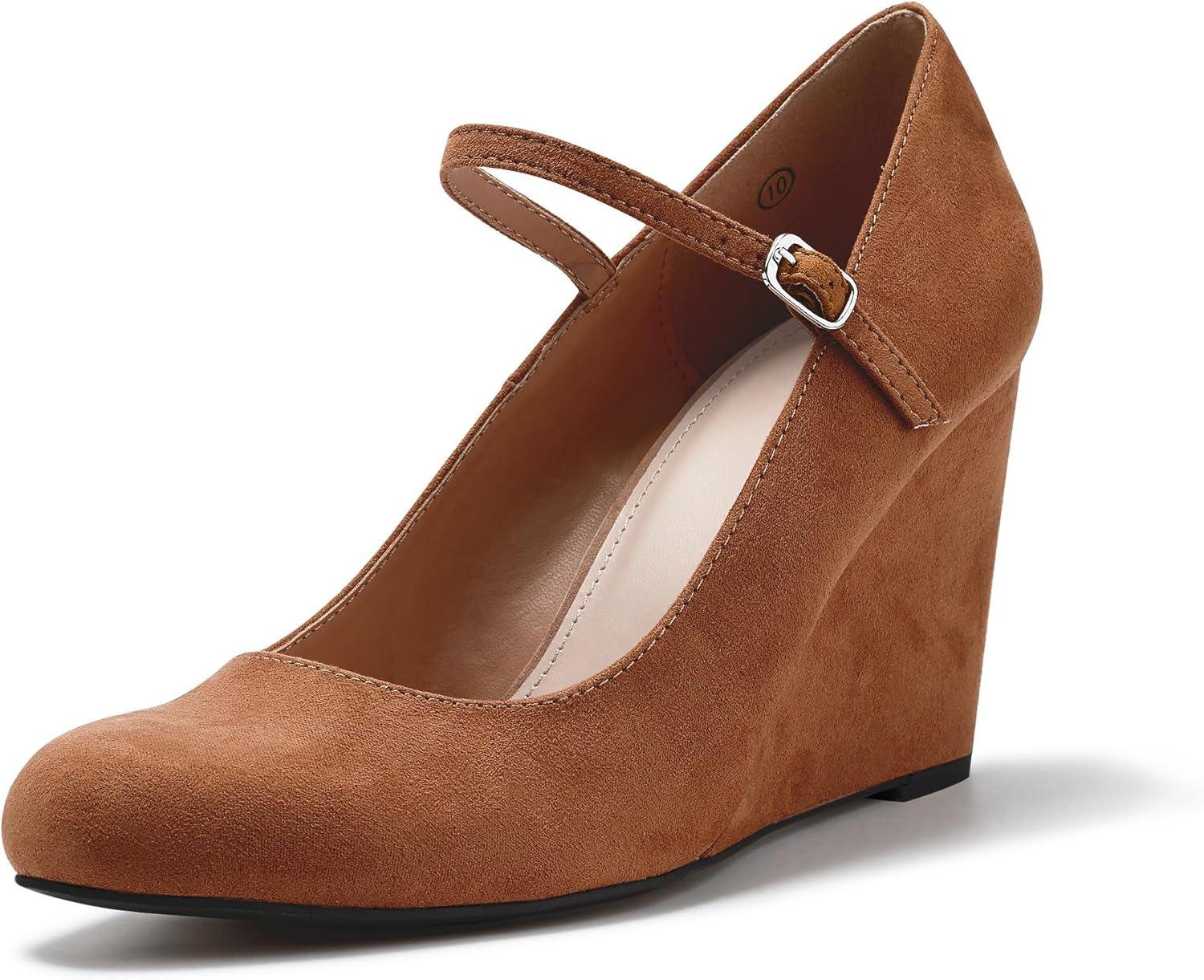 image:imageCoutgo Womens Wedge Pumps Dressy Mary Jane Shoes Comfort Wedges Closed Toe Ankle Strap Heeled ShoesBrown