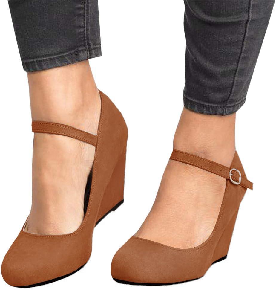image:imageCoutgo Womens Wedge Pumps Dressy Mary Jane Shoes Comfort Wedges Closed Toe Ankle Strap Heeled ShoesBrown