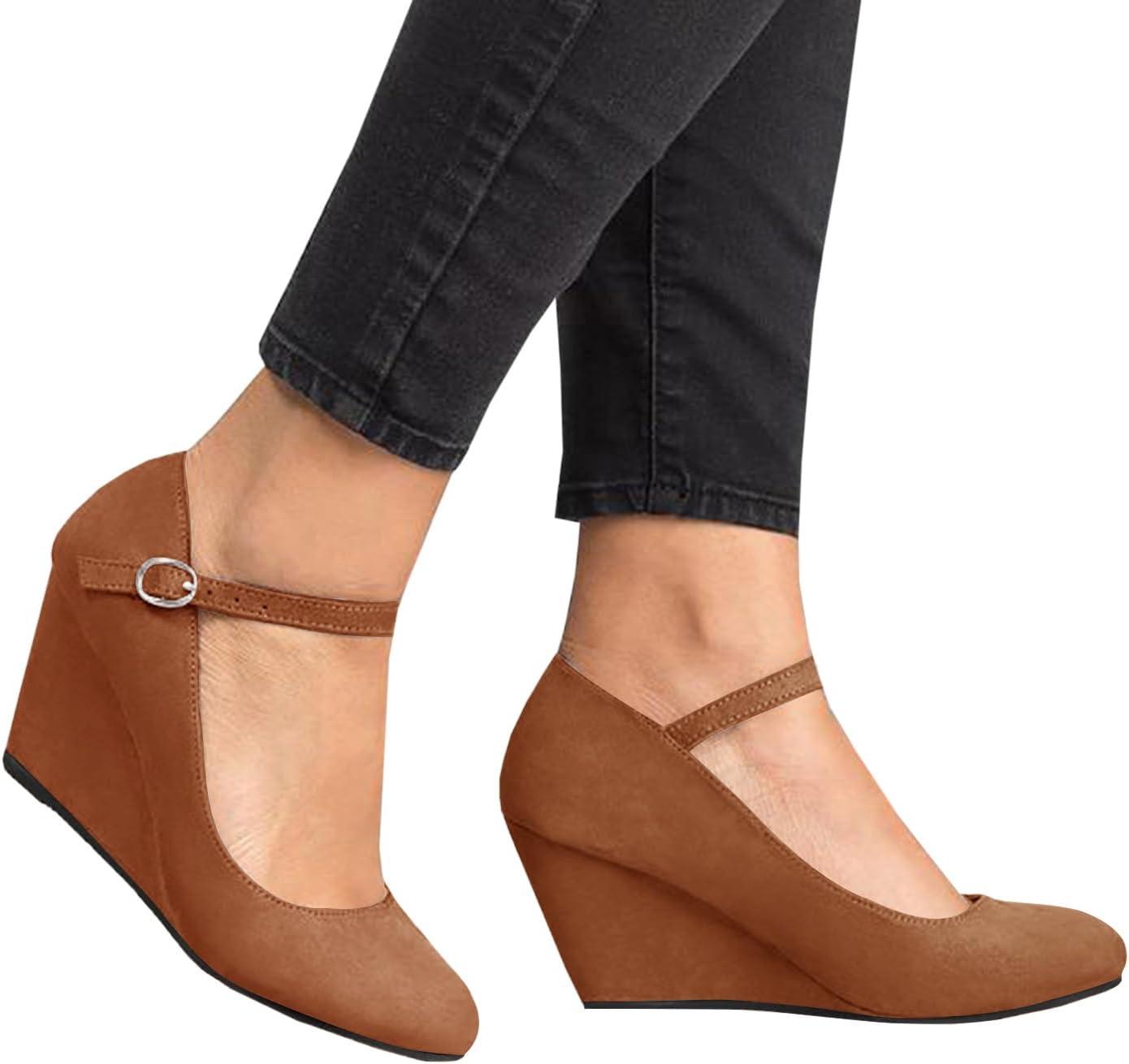 image:imageCoutgo Womens Wedge Pumps Dressy Mary Jane Shoes Comfort Wedges Closed Toe Ankle Strap Heeled ShoesBrown
