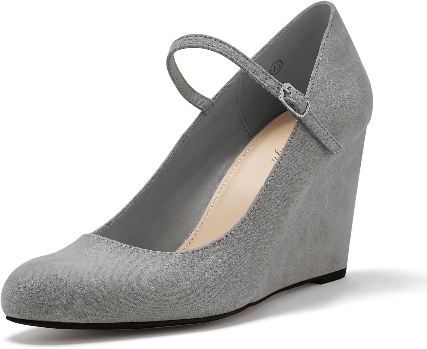 image:imageCoutgo Womens Wedge Pumps Dressy Mary Jane Shoes Comfort Wedges Closed Toe Ankle Strap Heeled ShoesGrey