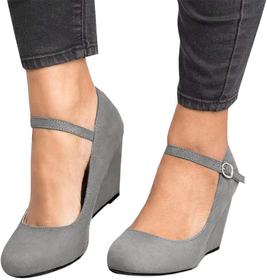 image:imageCoutgo Womens Wedge Pumps Dressy Mary Jane Shoes Comfort Wedges Closed Toe Ankle Strap Heeled ShoesGrey
