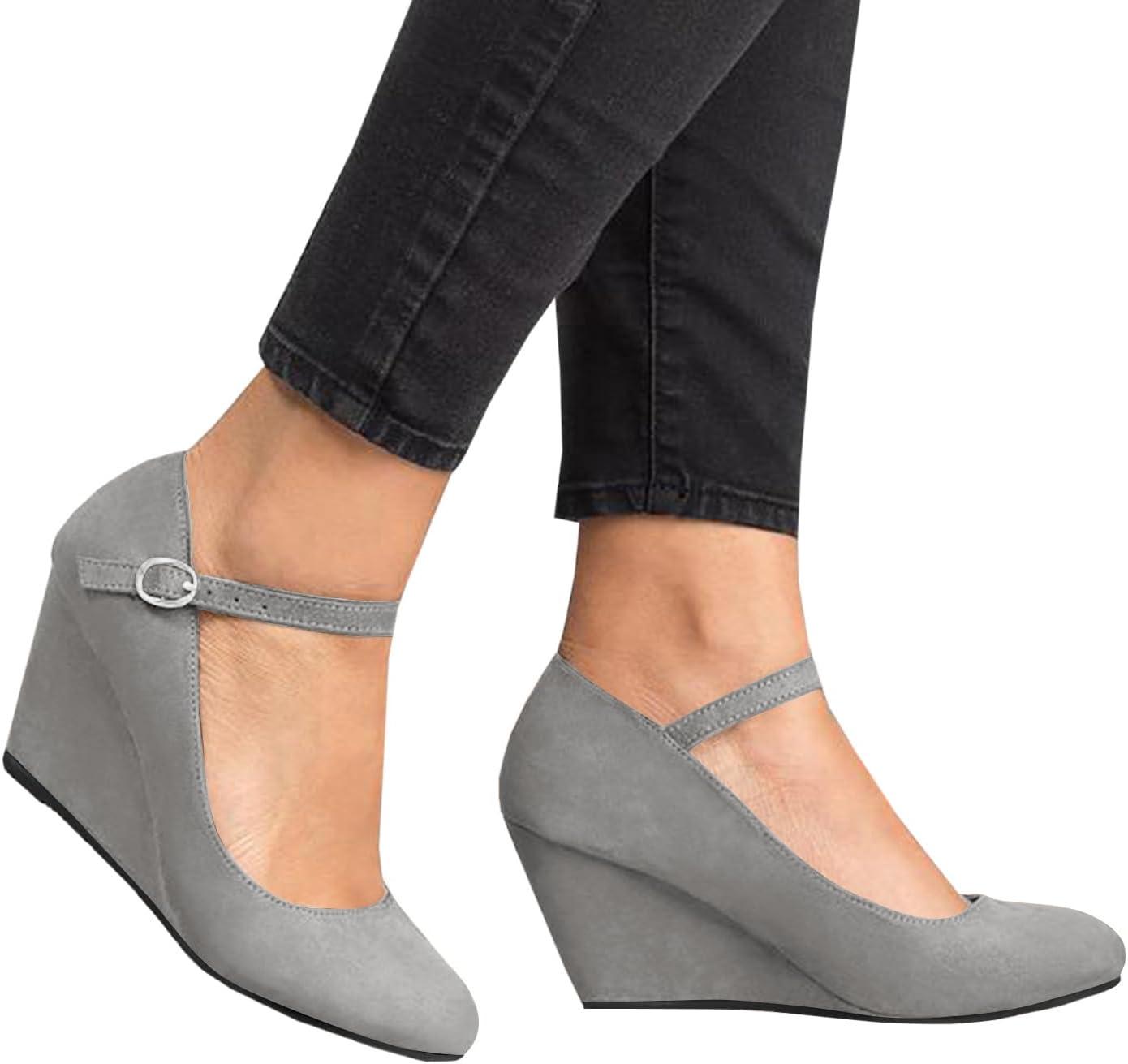 image:imageCoutgo Womens Wedge Pumps Dressy Mary Jane Shoes Comfort Wedges Closed Toe Ankle Strap Heeled ShoesGrey