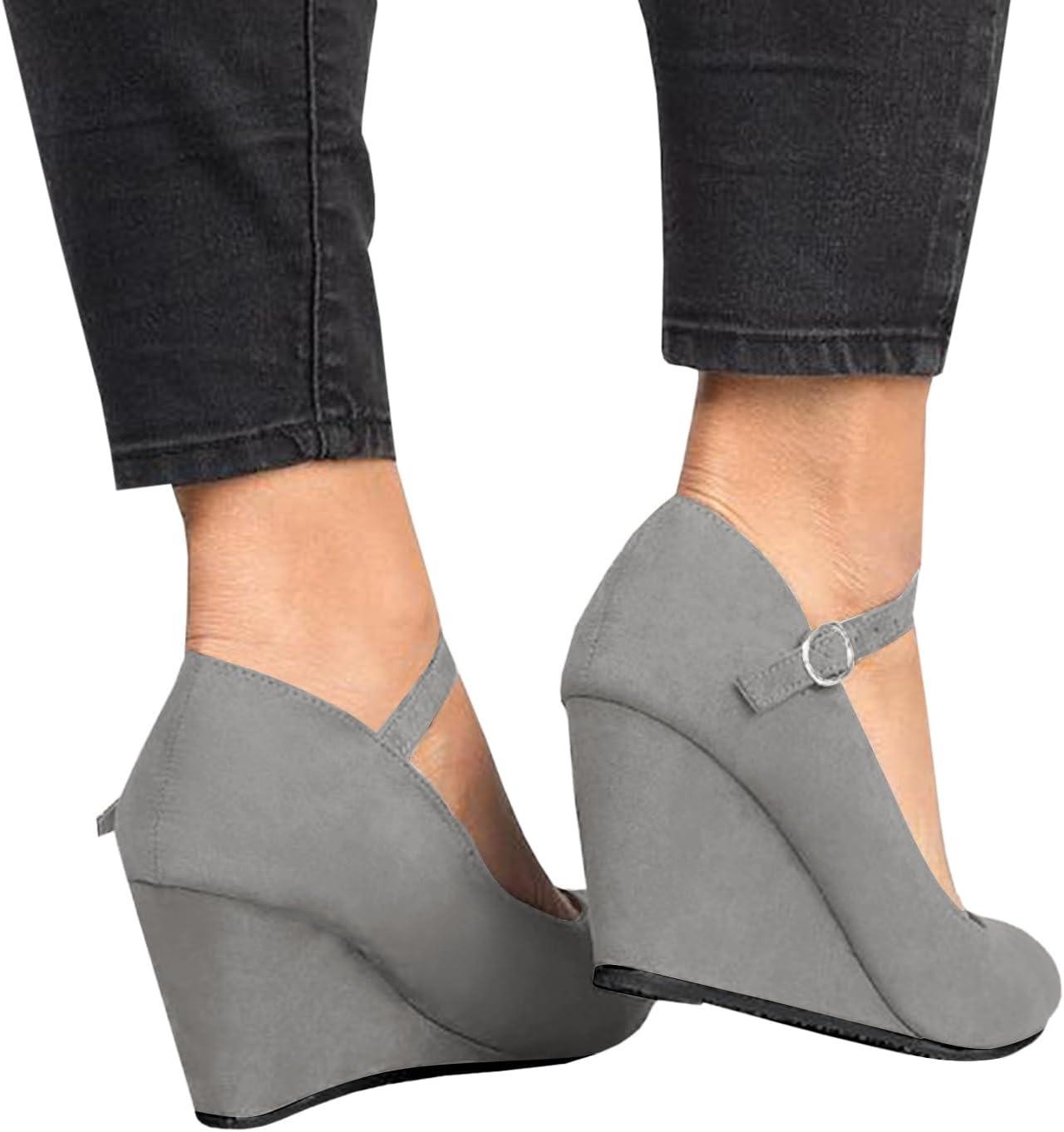 image:imageCoutgo Womens Wedge Pumps Dressy Mary Jane Shoes Comfort Wedges Closed Toe Ankle Strap Heeled ShoesGrey